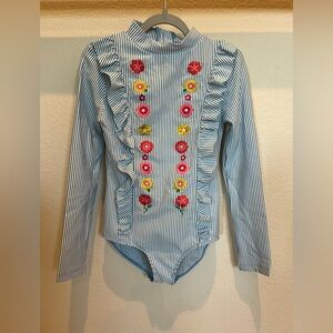 Mini Boden Striped Long Sleeve Bodysuit with Floral Embroidery